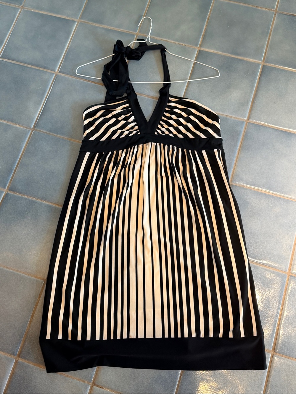 BCBG Max Azria Black and Cream One-Shoulder Striped Dress